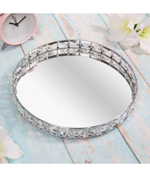 Silver Round Crystal Mirrored Tray, Medium
